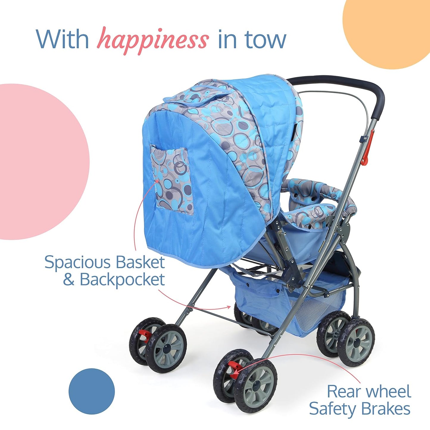 LuvLap Starshine Baby Stroller / Pram for 0 to 3 Years, New Born / Toddler / Kid, Lightweight, Adjustable backrest, 360° Swivel Wheel, Large storage basket, Reversible Handlebar (Sky Blue)- 18139