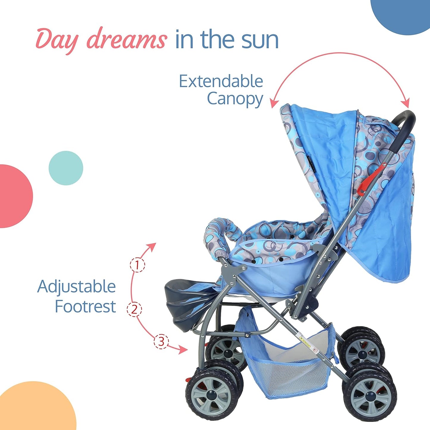 LuvLap Starshine Baby Stroller / Pram for 0 to 3 Years, New Born / Toddler / Kid, Lightweight, Adjustable backrest, 360° Swivel Wheel, Large storage basket, Reversible Handlebar (Sky Blue)- 18139