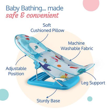 LuvLap Aqua Tales Baby Bather - Newborn Bath Chair, 0-6 Months, 3-Position Adjustable, Washable Soft Mesh, Large Seat, Multicolor