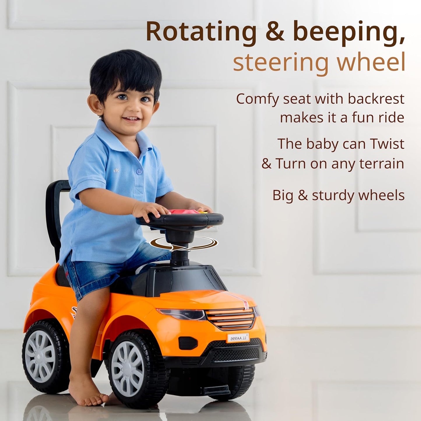 LuvLap Starlight Ride-on Car for Toddlers  Music & Horn Steering, Push Car with Safety Guard, Backrest & Storage, Big Wheels, for 18+ Months – Orange