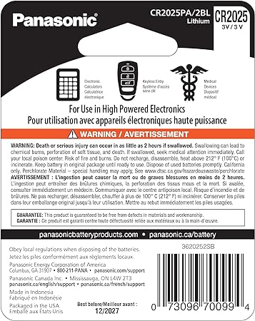 Panasonic CR2025 3V Lithium Coin Cell Battery - High-Energy, Long-Lasting for Remote Controls, Watches, and Medical Devices - Pack Of 1 Pc