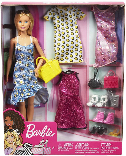Barbie Doll with Clothes and Accessories: 4 Complete Outfits, 4 Handbags, and 3 Heels - Perfect Gift for 3+ Year Old Girls