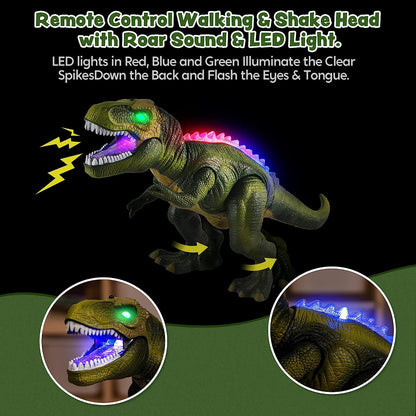 MM TOYS Remote Control Dinosaur Toy With Lights – Realistic Roaring, Walking & Shaking Head with Glowing Eyes for Toddlers, Boys & Girls