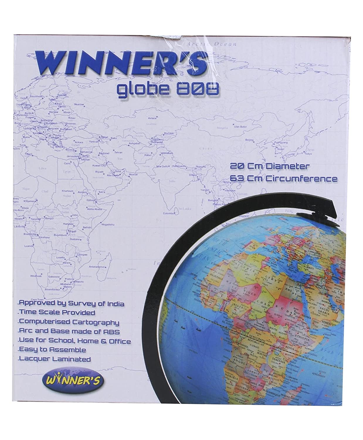 Winners Ornate 808 Political World Globe, Black Stand, 20cm Dia, 62.8cm Circ., Scratch-Resistant, Survey of India Approved, for Home, School & Gifts