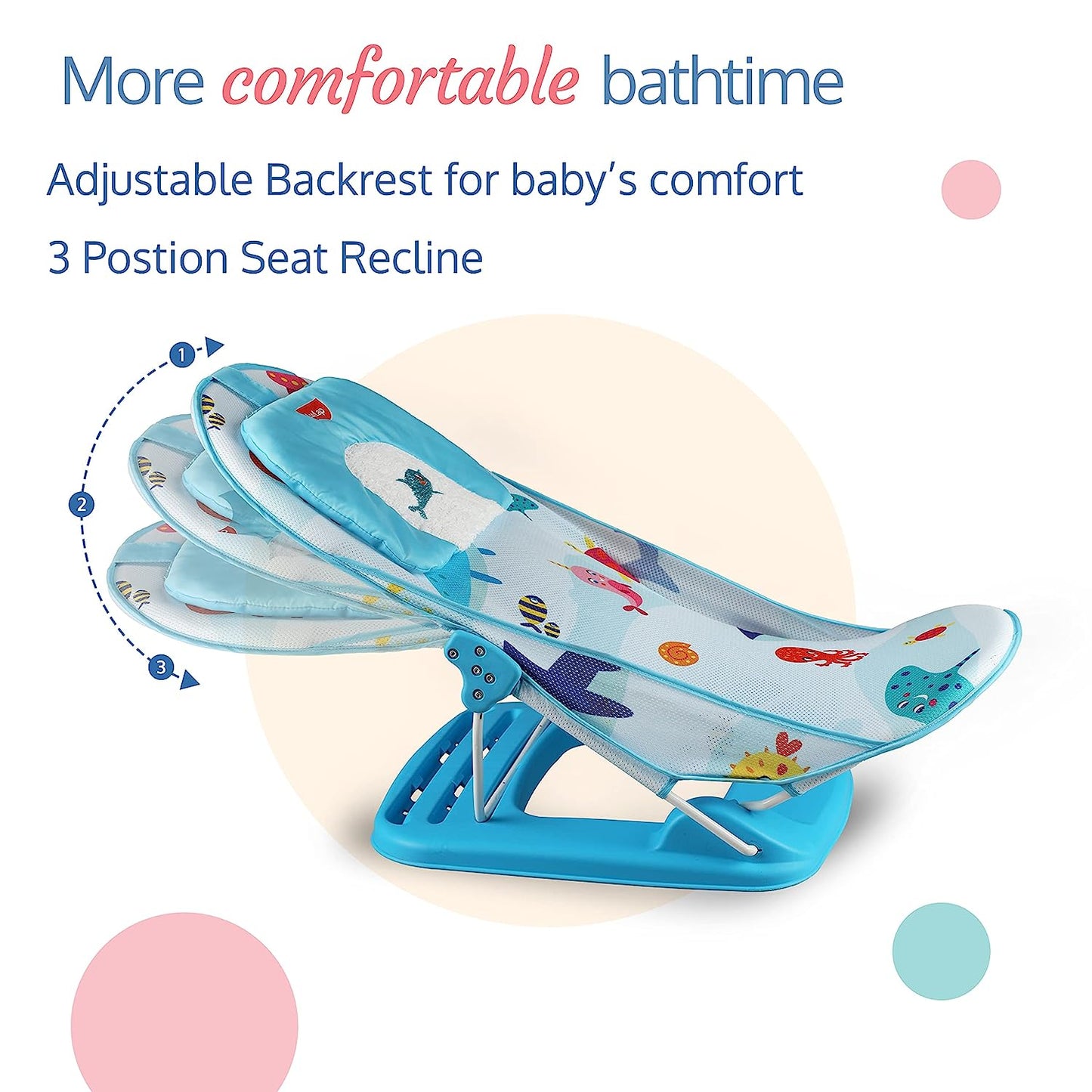LuvLap Aqua Tales Baby Bather - Newborn Bath Chair, 0-6 Months, 3-Position Adjustable, Washable Soft Mesh, Large Seat, Multicolor
