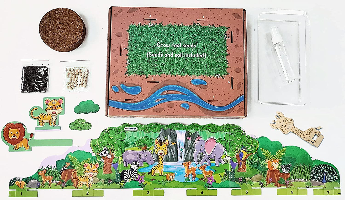 Funvention Jungle Garden Irrigation Learning STEM Kit for Kids - All-In-One Gardening Set with Real Seeds, Soil, and MDF Animal Shapes