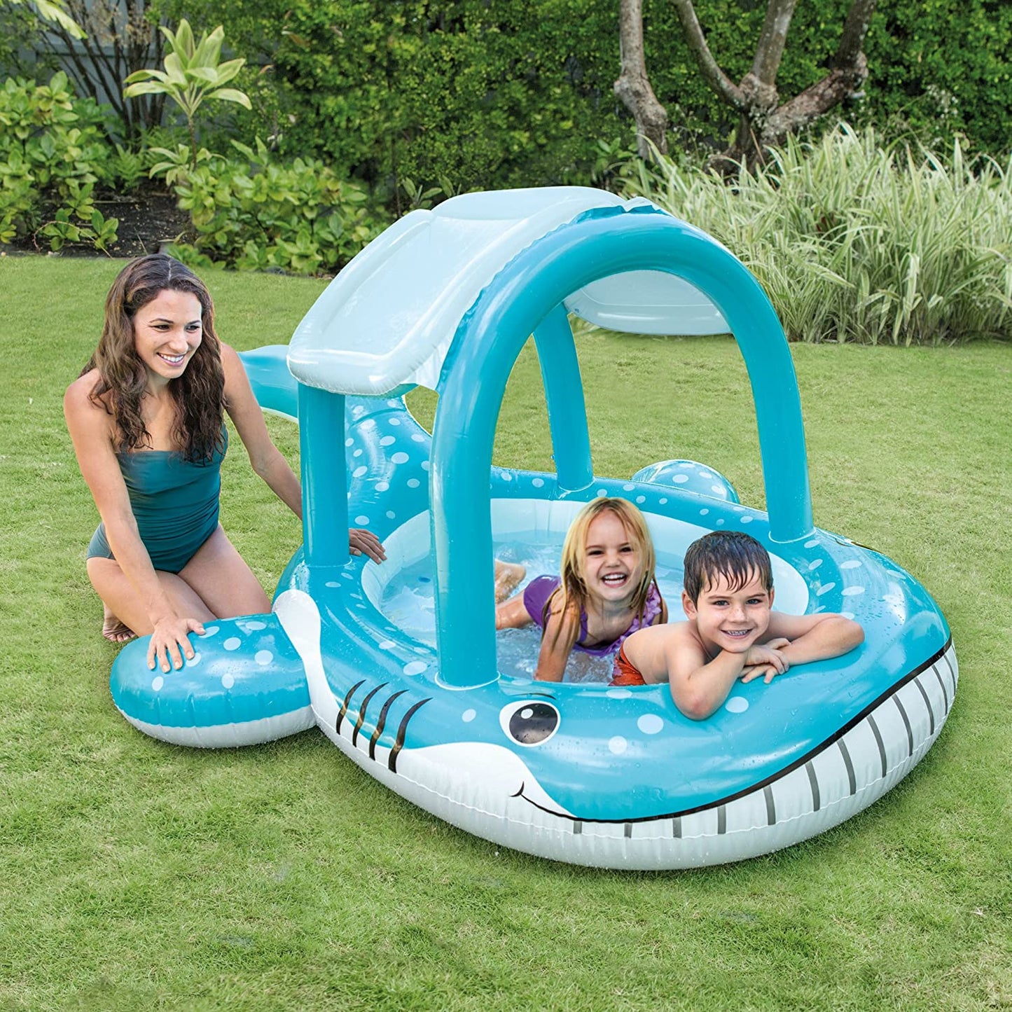 Intex Whale Shape Inflatable Kids Bath Tub Pool 57440 - Lightweight with Built-in Sunshade (Best for 2-6 years), Dimensions: 2.11 x 1.85 x 1.09 Meters, Includes Free Repair Patch