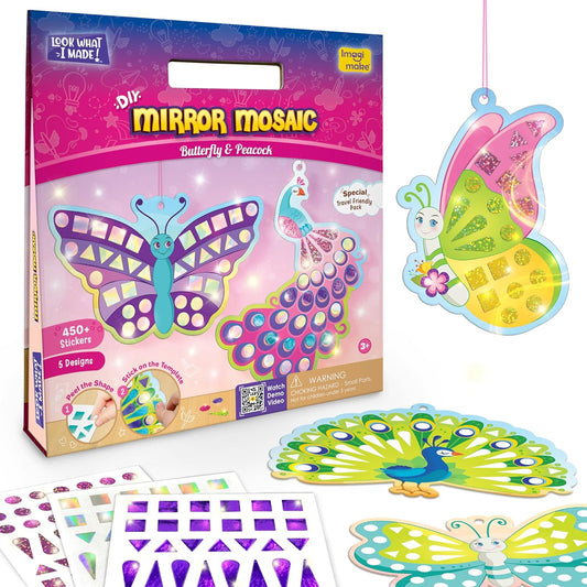 Imagimake Mirror Mosaic Butterfly & Peacock | DIY Mosaic Craft kit | 450+ Foil Sticker | Birthday Gift for Girls Ages 3 4 5 to 8 Year Old