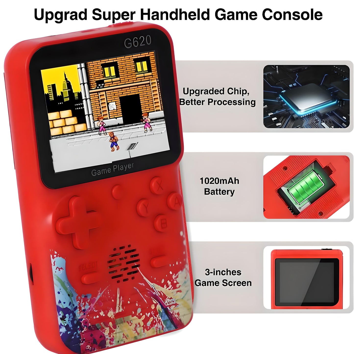 MM Toys Handheld Video Game Console 3.0 inches HD screen with 500 Inbuilt Games Rechargable Battery
