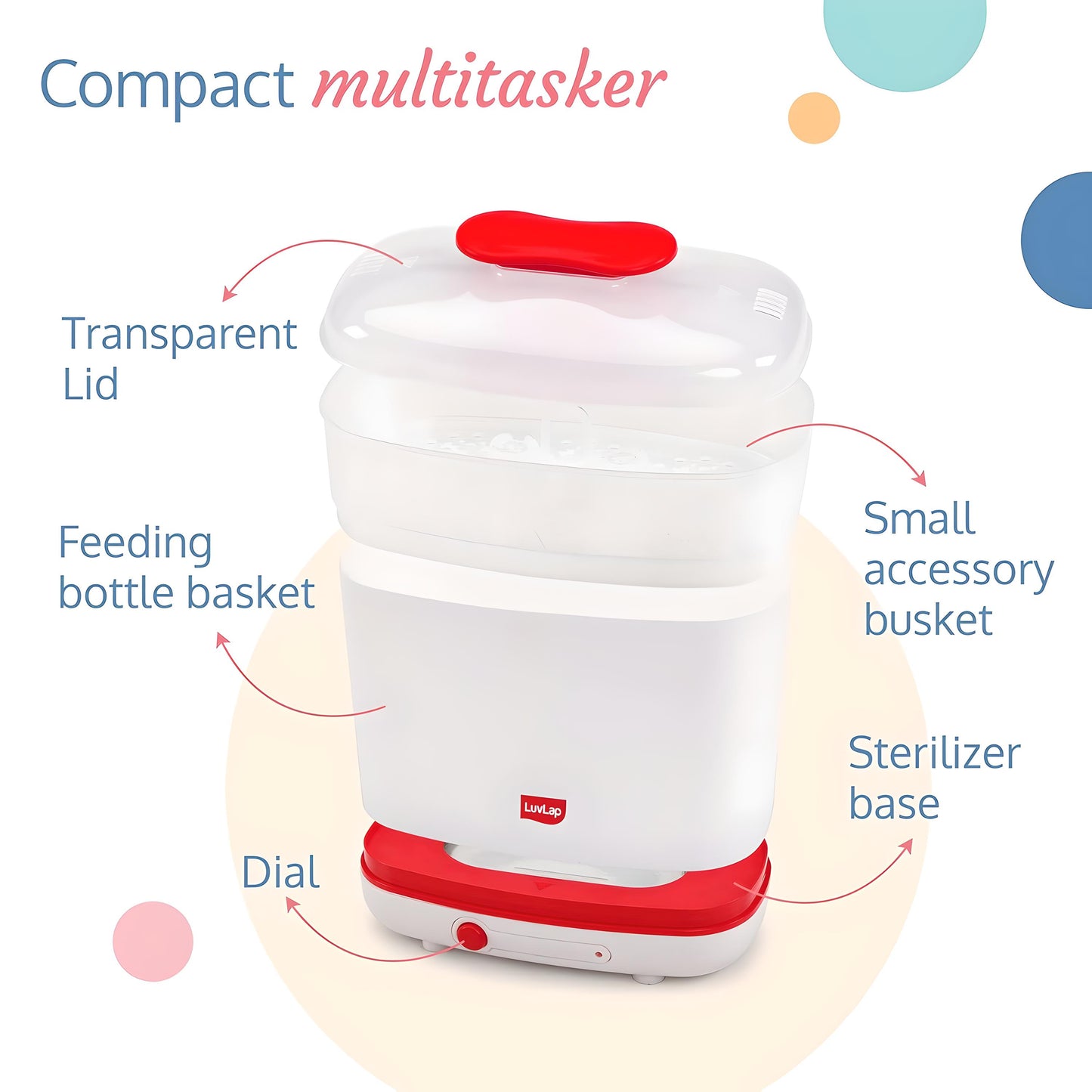 LuvLap Baby Bottle Steam Sterilizer 3-in-1: Natural Steam Cleansing for 6 Bottles, Nipples & Accessories - Fast, Effective, and Auto Shut-Off Function, Eliminates 99.9% of Germs, in White & Red (19541)