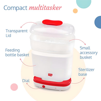 LuvLap Baby Bottle Steam Sterilizer 3-in-1: Natural Steam Cleansing for 6 Bottles, Nipples & Accessories - Fast, Effective, and Auto Shut-Off Function, Eliminates 99.9% of Germs, in White & Red (19541)