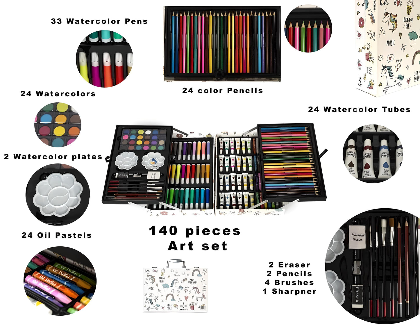 MM TOYS Ultimate Creativity Art Set - Zebra Unicorn Themed Multicolor Briefcase with 12 Oil Pastels, 10 Watercolors, 12 Sketch Pens, 12 Colored Pencils - Ideal Gift for Kids