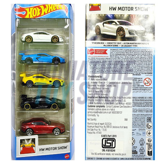 Hot Wheels Car 2024 HW Motor Show Pack of 5 (17 Acura NSX, Corvette C8 R, Aston Martin Vantage GTE, Mclaren, 20 Jaguar F-type) Multi - Color