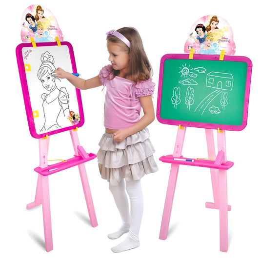 Itoys Disney Princess 5-in-1 Easel Writing Board for Kids: Activity Sheets, Chalk & White Board, Paper Clip, Adjustable Height - Pink