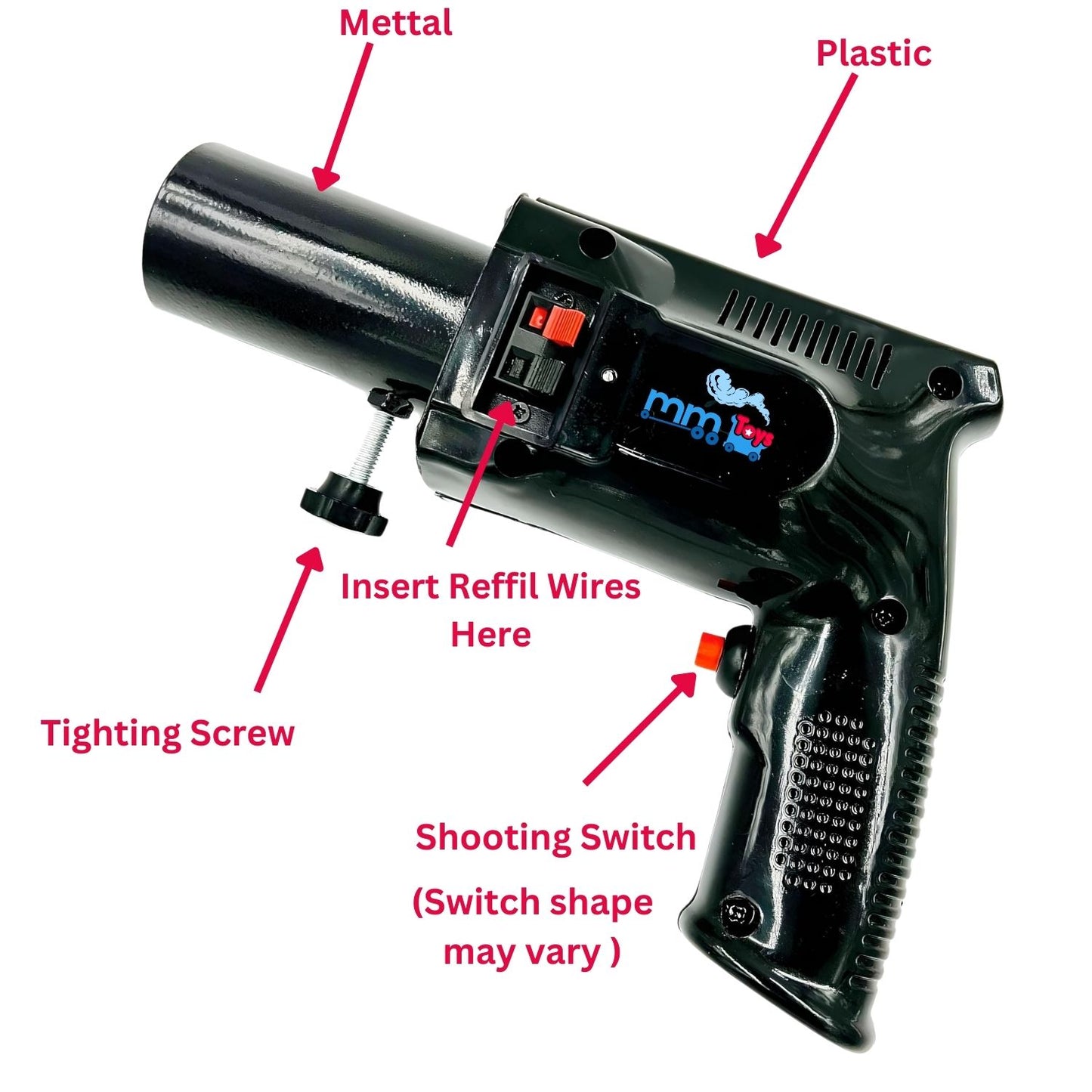 MM TOYS Handheld Sparkle Smoke Gun - Black + 10x Power AA Alkeline Batteries + 6 Pyro Sparkel Refills