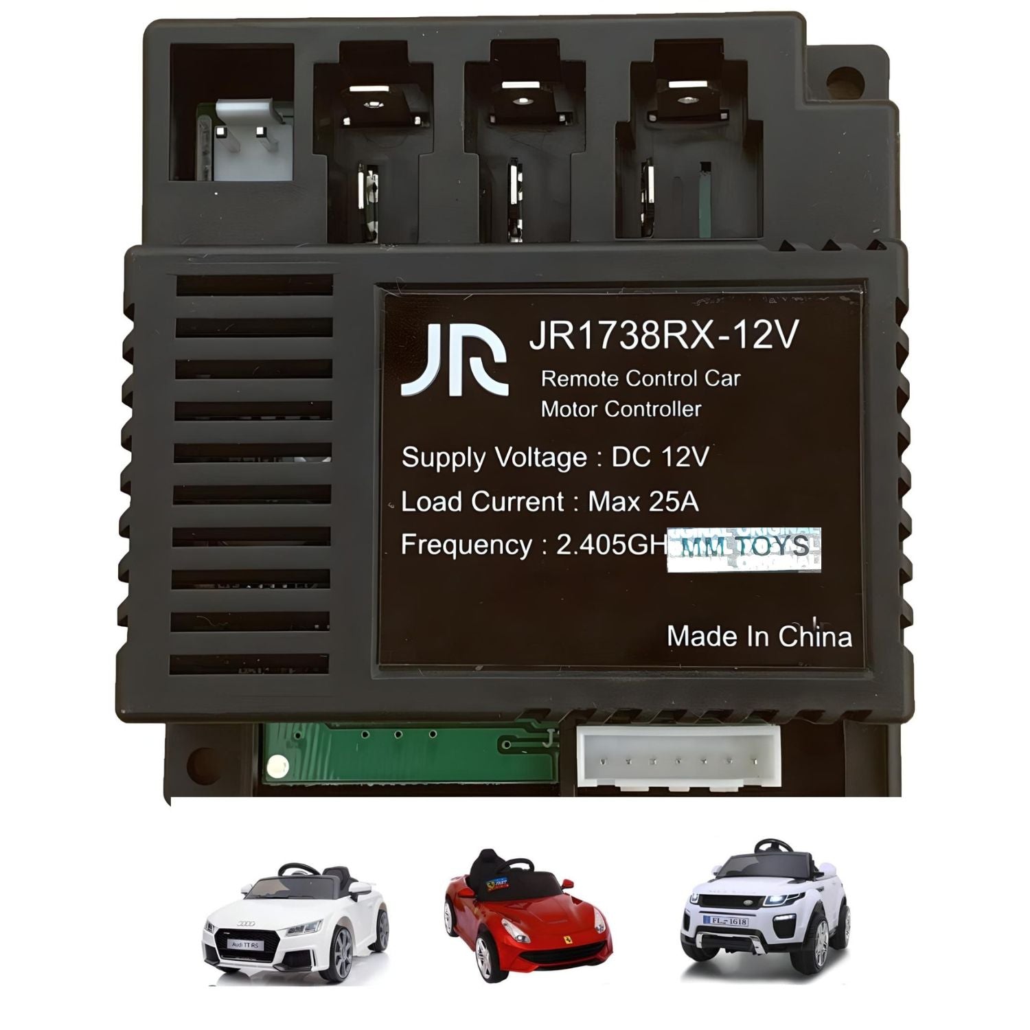 MM TOYS JR1738RX-12V Motor Controller Control Box 7 Pin White Jack, For Kids Electric Car, 2.4GHz, Max 25A Load,  Black - Electronic Repair Part and Accessory