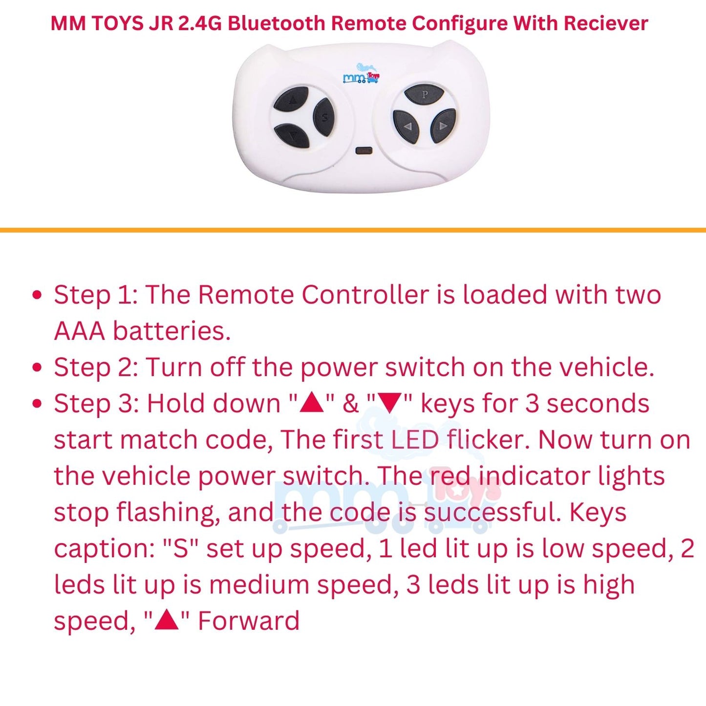 MM TOYS JR 2.4G Bluetooth Remote Control For Kids Electric Car Ride On, 3 Speed Control, Compatible With JR1958RX-2S Receiver (Receiver not Included) Replacement Parts Accessories- White