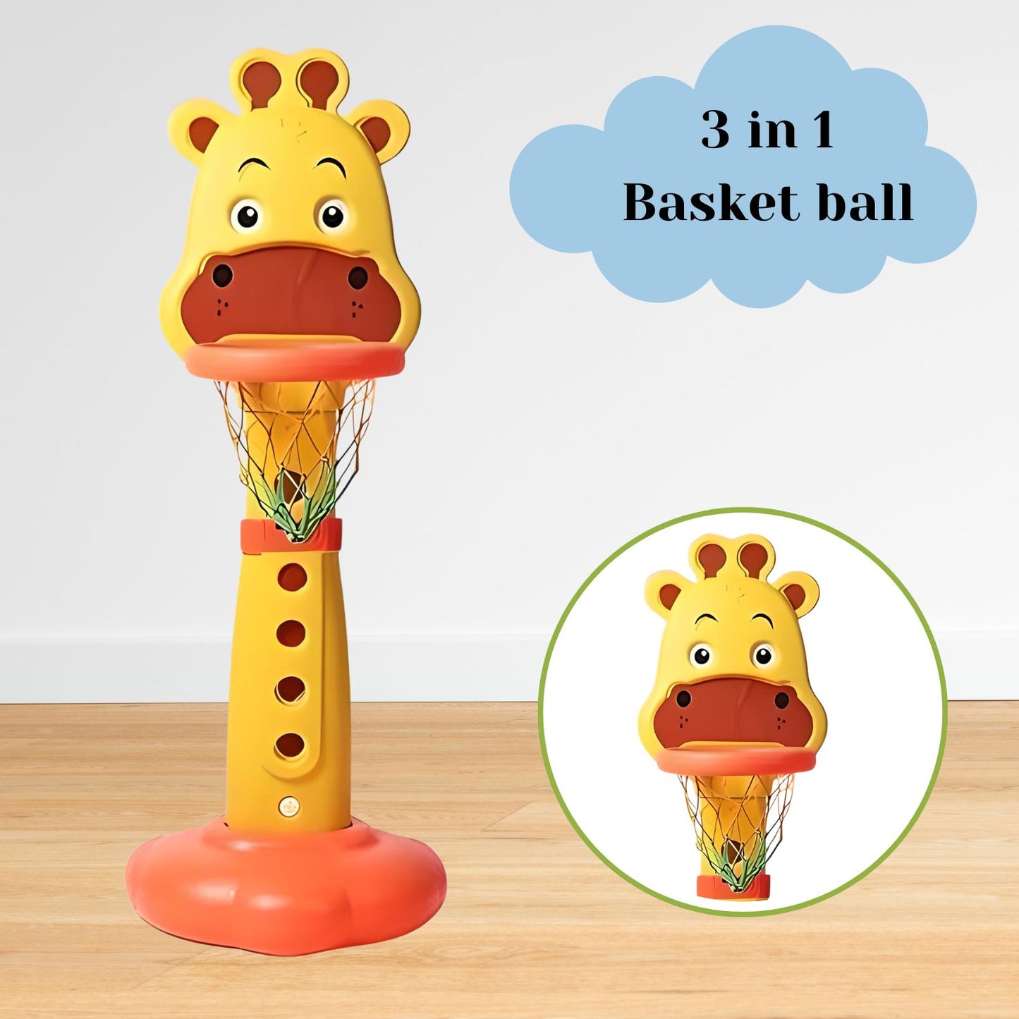 Playgro 3-In-1 Giraffe Basketball Sports Activity Set, Height Adjustable, Indoor & Outdoor Ring Game, Easy Assembly, Yellow & Red for Kids Age 5+ Years