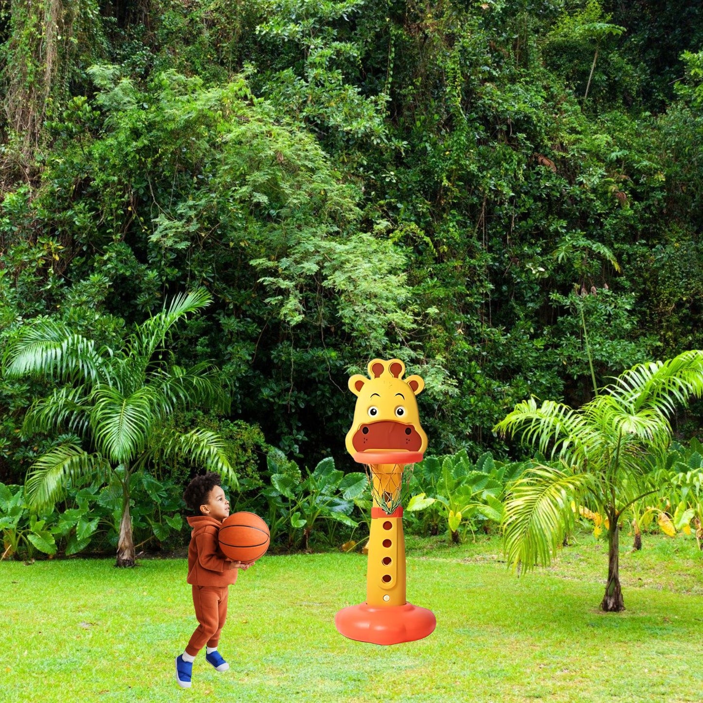 Playgro 3-In-1 Giraffe Basketball Sports Activity Set, Height Adjustable, Indoor & Outdoor Ring Game, Easy Assembly, Yellow & Red for Kids Age 5+ Years