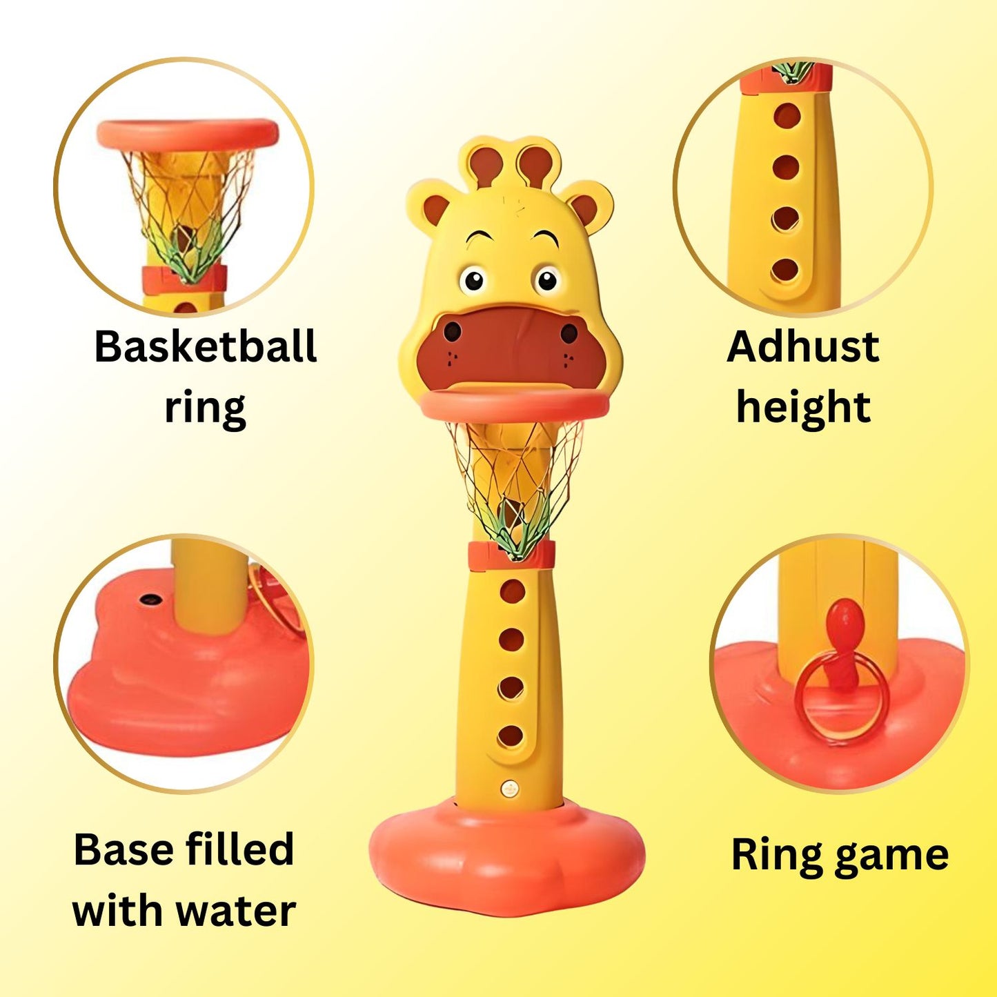 Playgro 3-In-1 Giraffe Basketball Sports Activity Set, Height Adjustable, Indoor & Outdoor Ring Game, Easy Assembly, Yellow & Red for Kids Age 5+ Years