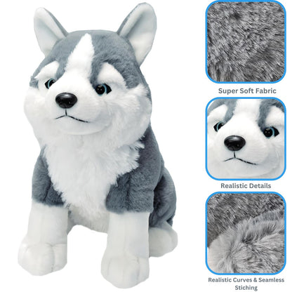 MM TOYS Premium Dog Soft Toy Husky 12 Inch Size Hug n Feel Fabric And Features , Realistic Details | Real Like Dog Soft Toy Gift For Kids, Girls, Adult And Car Décor Or Pets - White/Gray