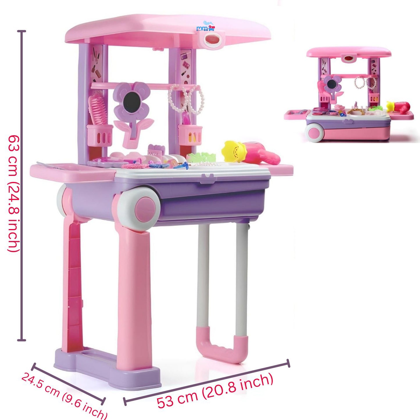 MM TOYS Premium Makeup Play Set Trolley Bag with 24 Accessories for 3 to 10 Year-Old Girls | Vanity Play Set - Baby Pink