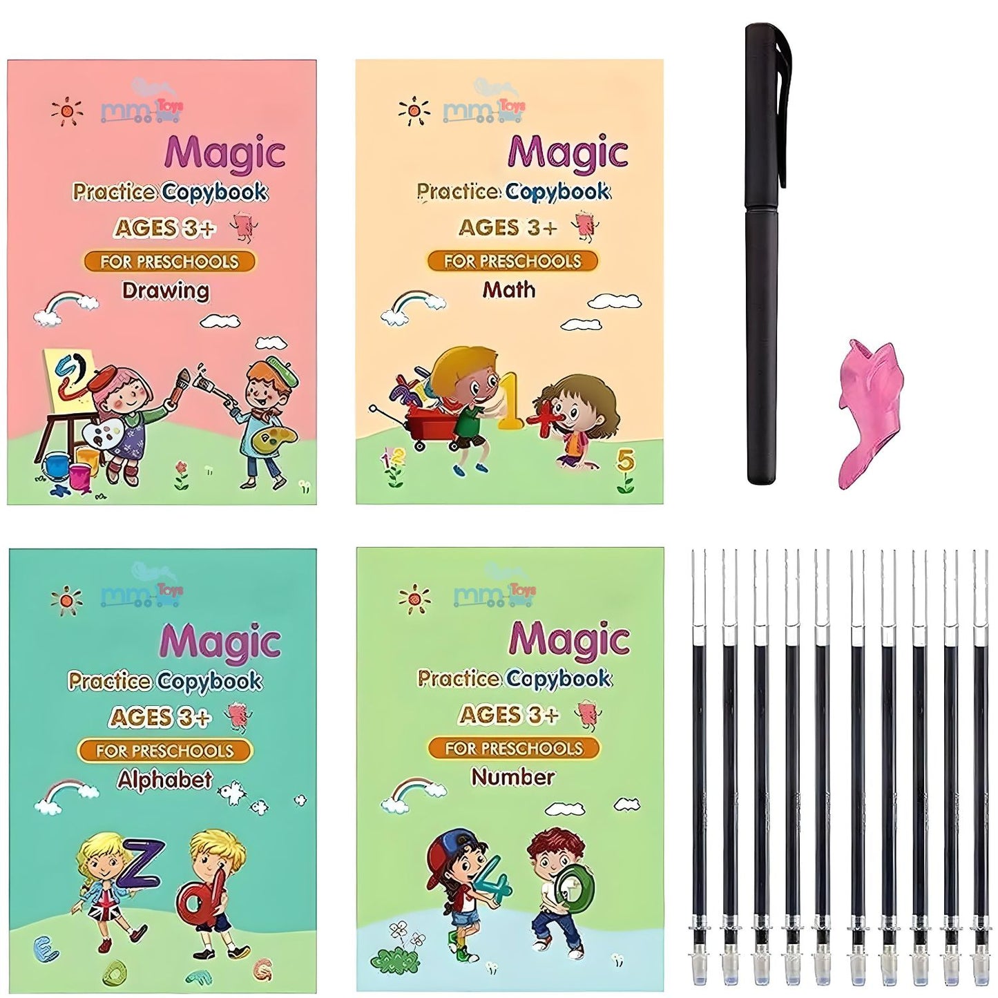 MM TOYS Sank Magic Practice Copybook (4 Book + 10 Refill + 1 Pen + 1 Grip ) Number Tracing Set - Practical Reusable Writing Tool