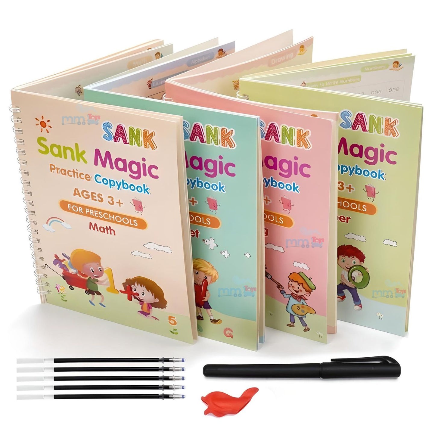 MM TOYS Sank Magic Practice Copybook (4 Book + 10 Refill + 1 Pen + 1 Grip ) Number Tracing Set - Practical Reusable Writing Tool