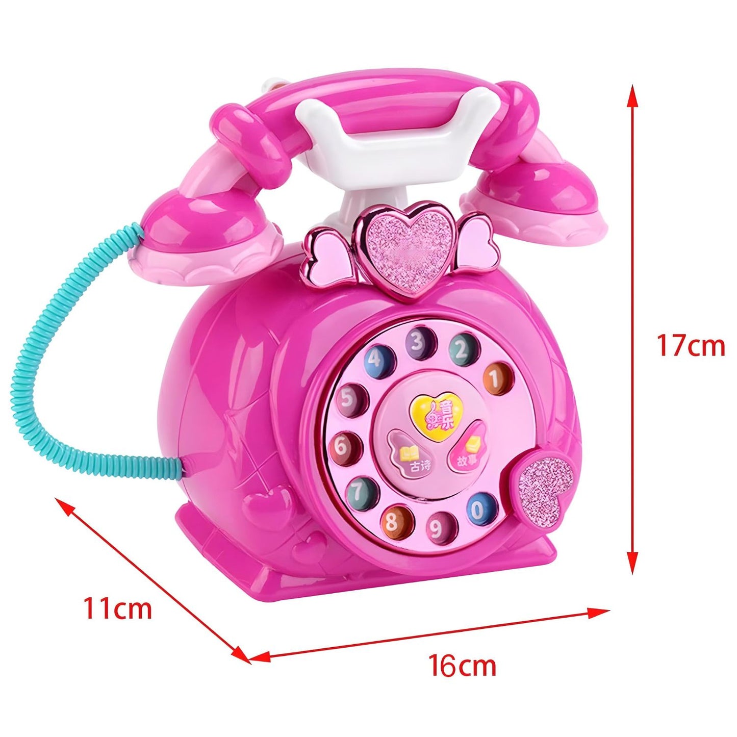 MM TOYS Classic Dial Receiver Simulation Telephone Toy for Toddlers - Rotating Number Dial, Music & Lights - Pink