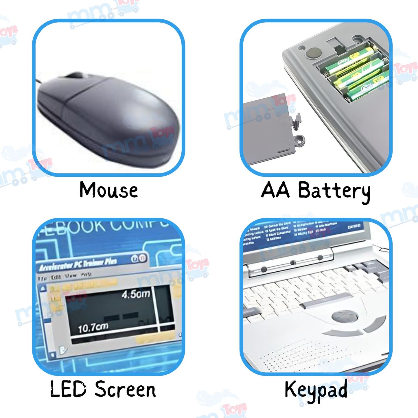 MM TOYS Educational English Learner Power Notebook - 22 Fun Activities, Music Keyboard, Skill Enhancement, Includes Mouse, Blue