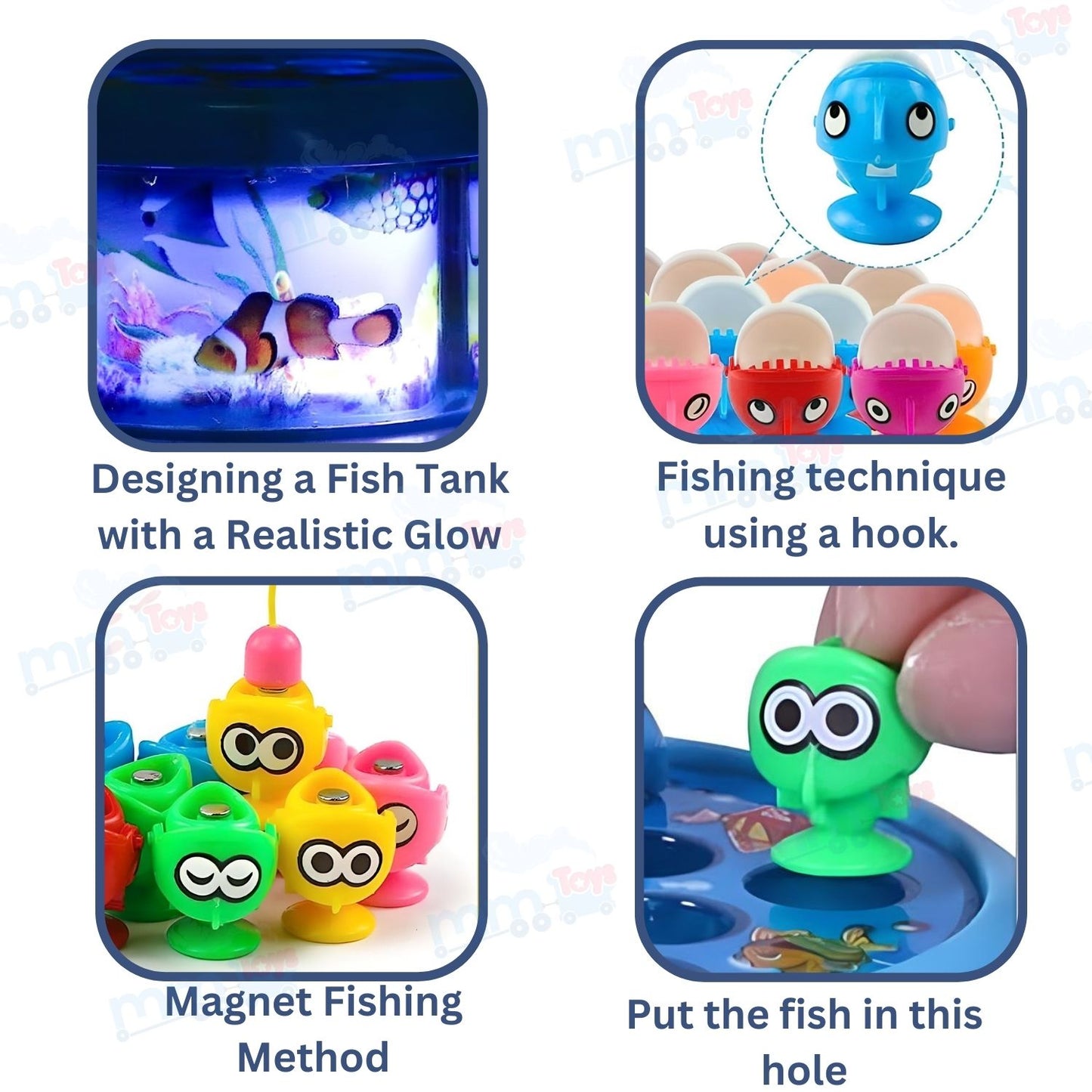 MM TOYS Go Go Fishing Catching Game with 26 Fishes, 2 Rotary Fish Pond and 4 pods with Music and Light Function Magnetic Toy (Multicolor)