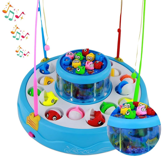 MM TOYS Go Go Fishing Catching Game with 26 Fishes, 2 Rotary Fish Pond and 4 pods with Music and Light Function Magnetic Toy (Multicolor)