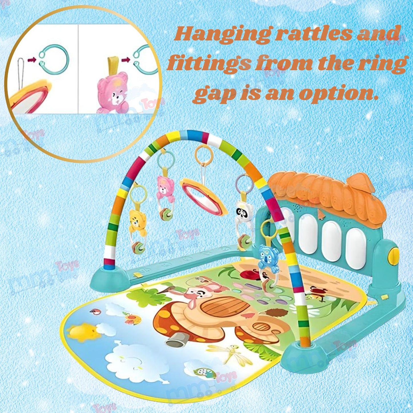 MM Toys Baby Play Mat Gym & Fitness Rack with Hanging Rattles, Lights & Musical Keyboard Mat - Convertible Piano for 0-12 Months Baby