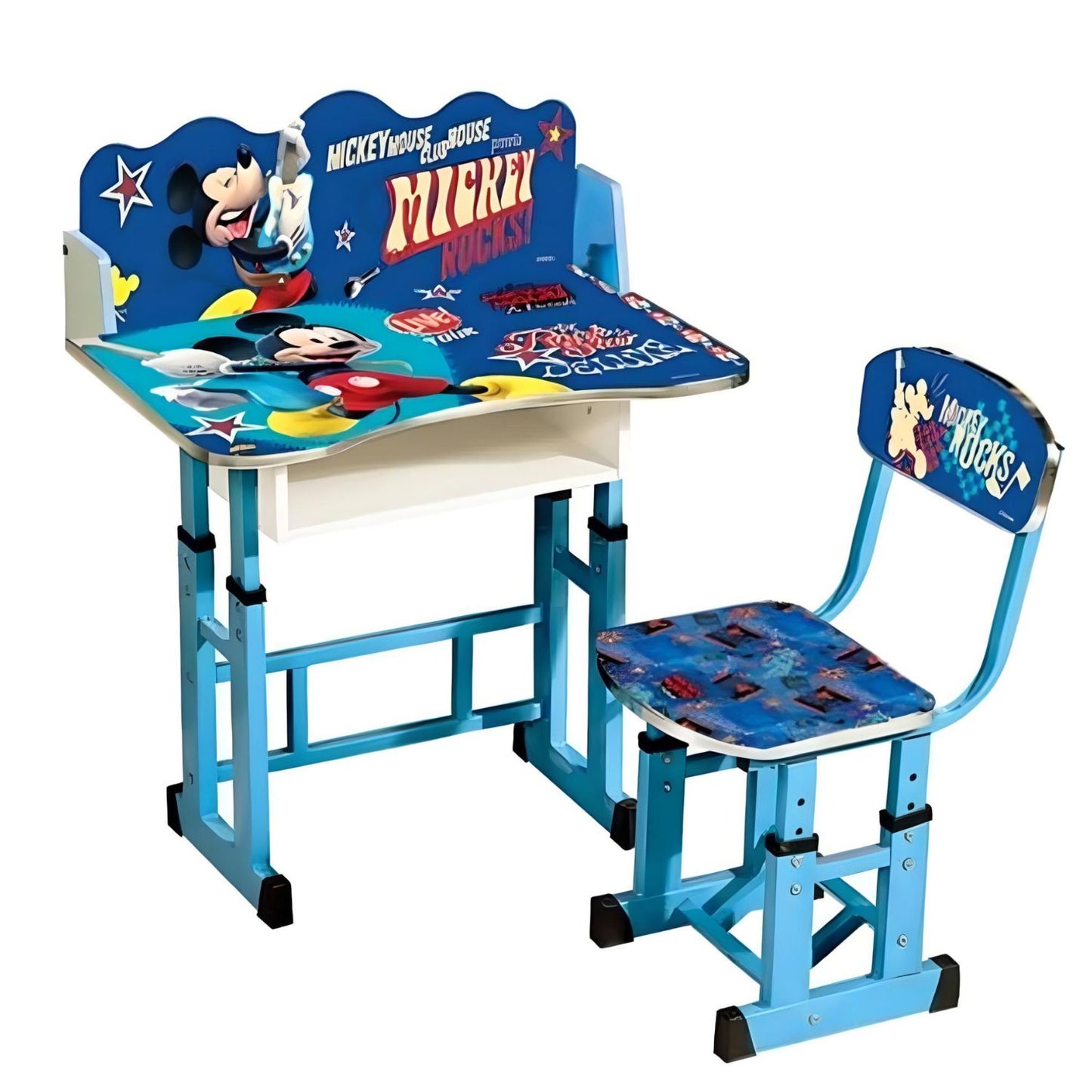 MM Toys Adjustable Multipurpose Wooden Table Chair Set - Ideal Study Table for Kids (3-14 years) with Alloy Frame, Safety Design, and Built-in Time Clock - Blue (Design May vary)