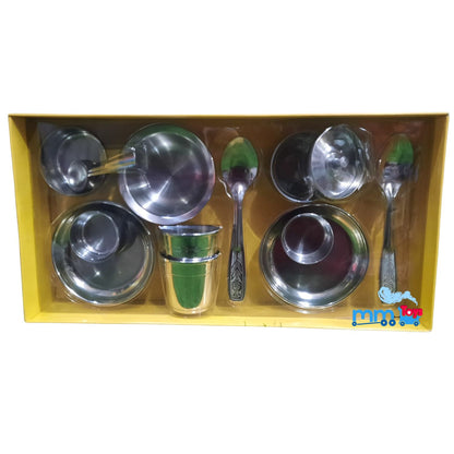 MM TOYS Premium Stainless Steel Mini Kitchen Play Set | 12 Pcs | Ideal for Kids Aged 3+ | Glasses, Pan, Plates, Bowls Included