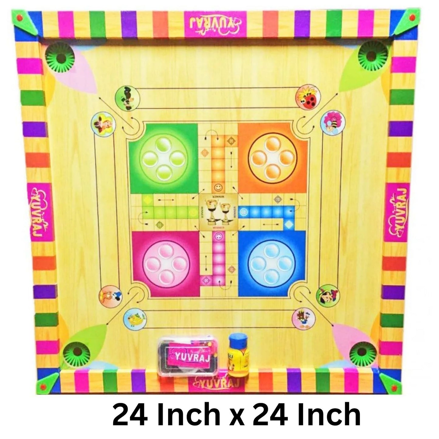 MM TOYS Heavy Coloured Carrom (24x24 Inch) with Dual-Game Feature – Snakes and Ladders Included, Comes with Carrom and Ludo Coins, Multicolor