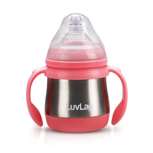 LuvLap Steel Feeding Bottle, 240ml, Pink, SS304 Stainless Steel, Rust-Free, Odour-Free, Anti-Colic Nipple, Ergonomic Handle