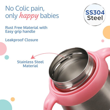 LuvLap Steel Feeding Bottle, 240ml, Pink, SS304 Stainless Steel, Rust-Free, Odour-Free, Anti-Colic Nipple, Ergonomic Handle