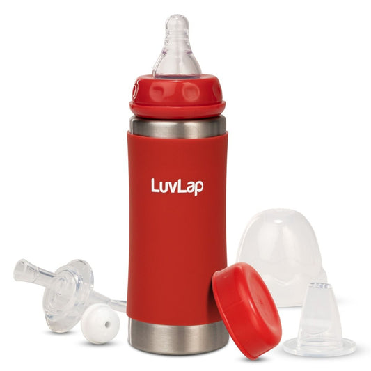LuvLap 4-in-1 Stainless Steel Baby Bottle/Sipper, Anti-Colic, Odor-Free, with Handles, Attractive Prints 19424 - 240ml- Red