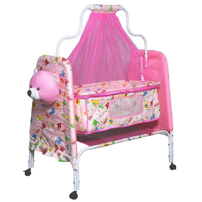 Mother's Love TEDDY CRIB CRADLE WITH MOSQUITO NET , UNIVERSAL WHEELS AND PLAYING Toy FOR 0+ MONTH PINK