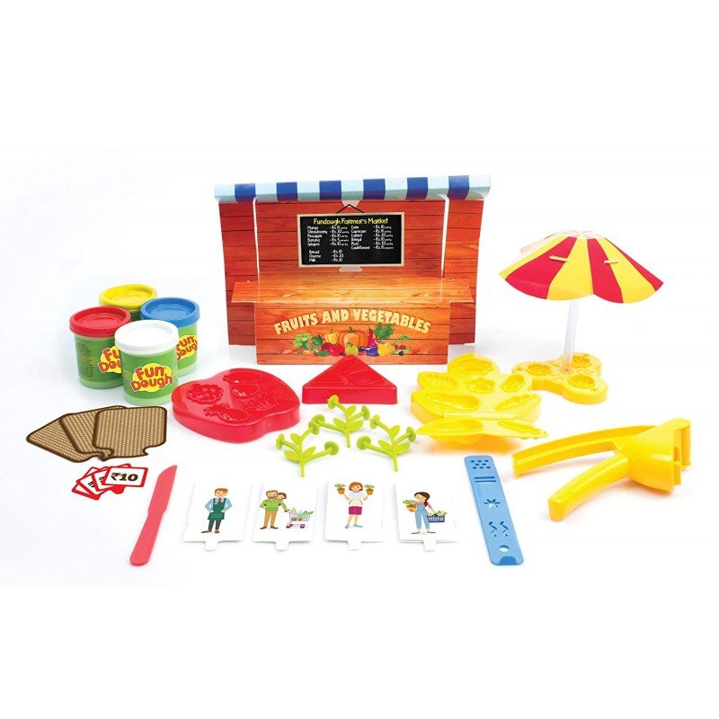 FunDough - Market Place, Cutting & Moulding Playset for Creativity Boosting & Fine Motor Skills Development, Safe for 3+ Years Kids, Multi-Colour