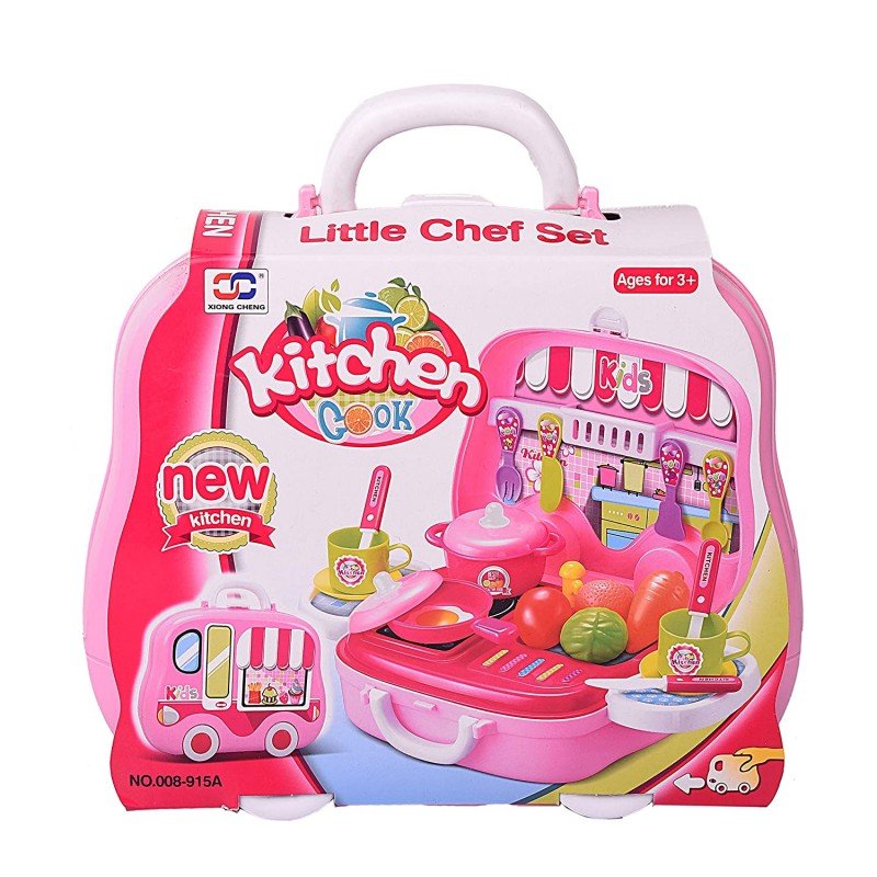 MM TOYS Multicolor Plastic Kitchen Pretend Play Food Toy Set, Little Chef Kitchen with Carry Case for Boys & Girls - Ages 3-8  Years