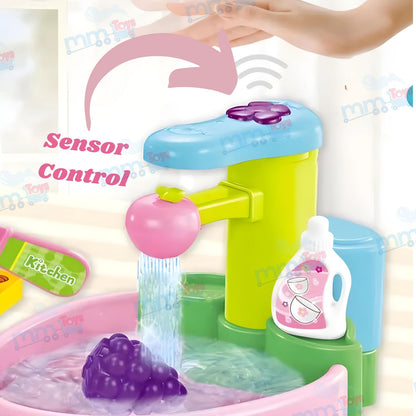 MM TOYS Hand Sensing Toy Sink Electronic Dishwasher Play Kitchen Set - Multicolor, Includes Fruits, Vegetables & Dishes