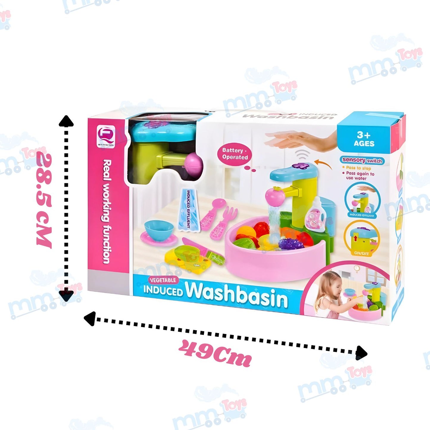 MM TOYS Hand Sensing Toy Sink Electronic Dishwasher Play Kitchen Set - Multicolor, Includes Fruits, Vegetables & Dishes