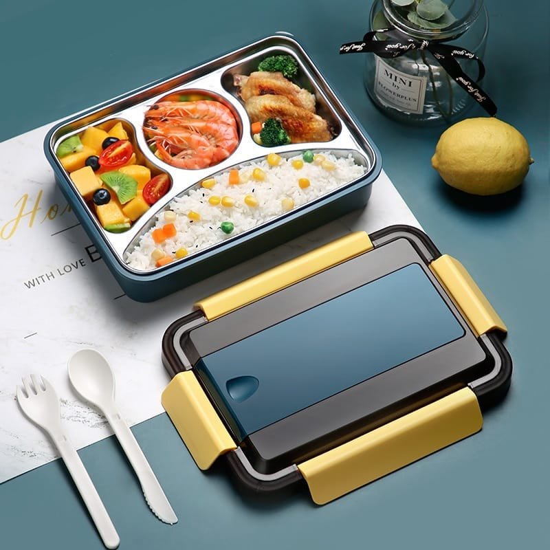 MM TOYS Lunch Box - 4 Compartments, Stainless Steel Inner, Spoon, Fork - Ideal for School and Office -Color May Vary