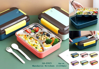 MM TOYS Lunch Box - 4 Compartments, Stainless Steel Inner, Spoon, Fork - Ideal for School and Office -Color May Vary