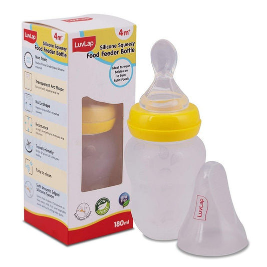 LUVLAP FEEDING SPOON WITH SQUEEZY FOOD GRADE SILICONE FEEDER BOTTLE , FOR INFANT BABY, 180ML, BPA FREE
