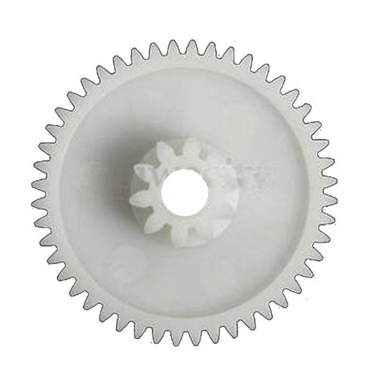 A white plastic gear with 8 teeth, designed for use in kids electric ride on cars.