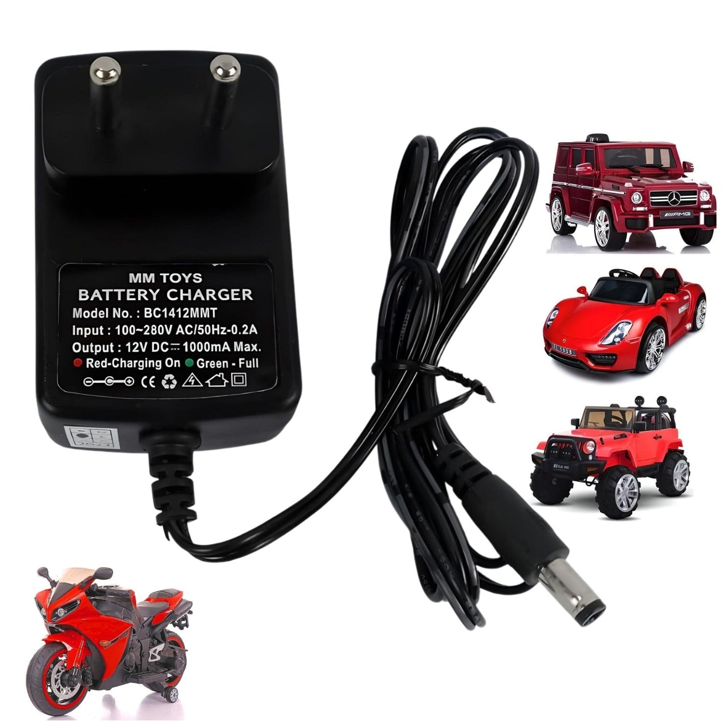 MM TOYS 12v Fast Charger For kids Electric Powered Ride On Car Bike Jeep Universal Round Hole Charger With charging indicator LED Power Adapter-Black
