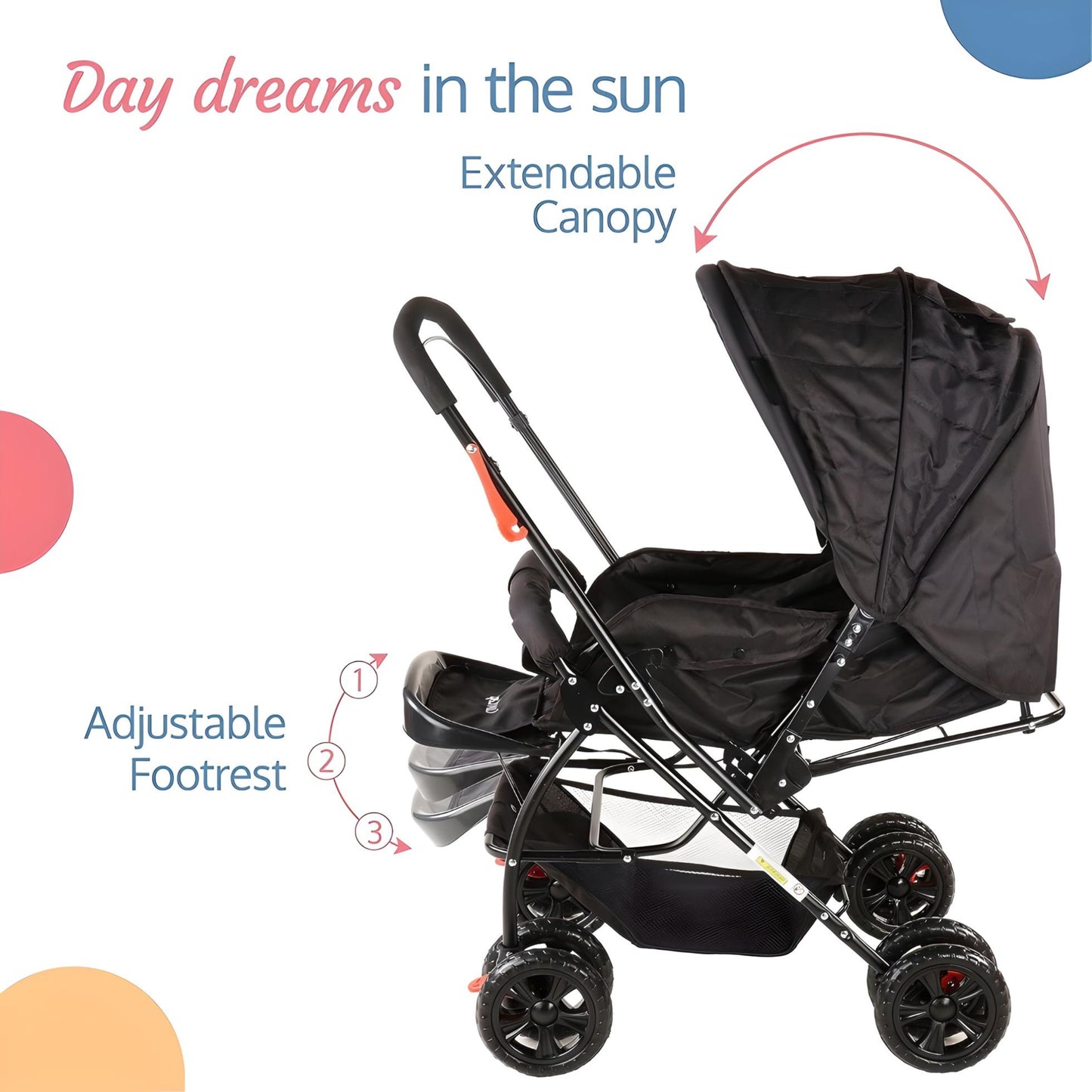 LuvLap  Baby  pramStroller for 0-3 Years: Lightweight, Adjustable Backrest, 360° Wheel, Spacious Storage, Reversible Handlebar I 18305 - Black